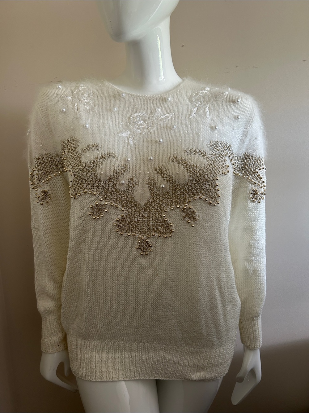80s Women's Cream Embellished Knit Sweater with pearls, size 2x